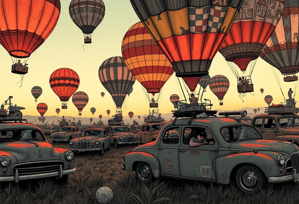 in a very steam punk vibe i want you to make a picture of a bunch of old beat up cars with people lounging in them and garbage and junk all up in and on them, tied to hot air balloons floating in the sky right about dusk and they are as far as the eye can see i want the cars to be floating as if they were the basket to the hot air balloons and the hot air balloons are all different colors and patterns and some are old and patched and i dont want to see the ground at all  i want this to be a scene that is up in the sky with them all floating under the balloons like it is in a dream and every single balloon in the picture is attached to a different old car, and some of the cars you can see people kicked back with thier feet out the window and stuff on the dash of the car, and some with people hanging an arm out hte window some have cigarrette smoke coming out the window, and the balloons all are different tattoo idea