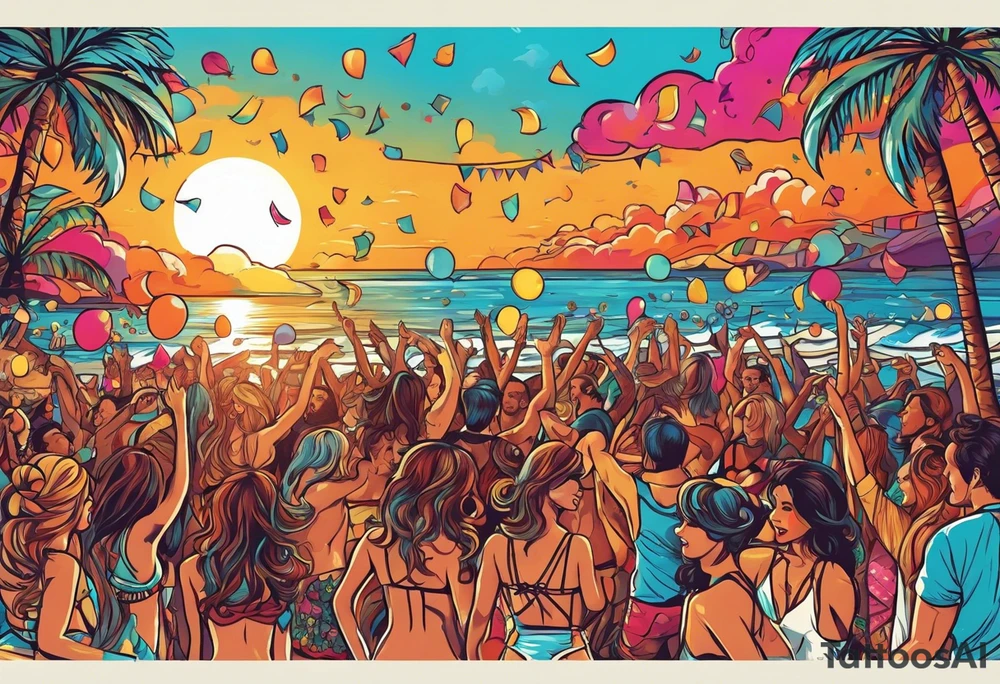 1970'S BEACH DANCE PARTY 
party, include confetti, music notes, 
, bikinis sunset in the center tattoo idea