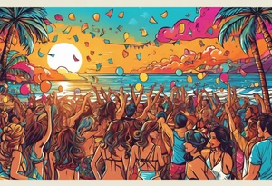 1970'S BEACH DANCE PARTY 
party, include confetti, music notes, 
, bikinis sunset in the center tattoo idea