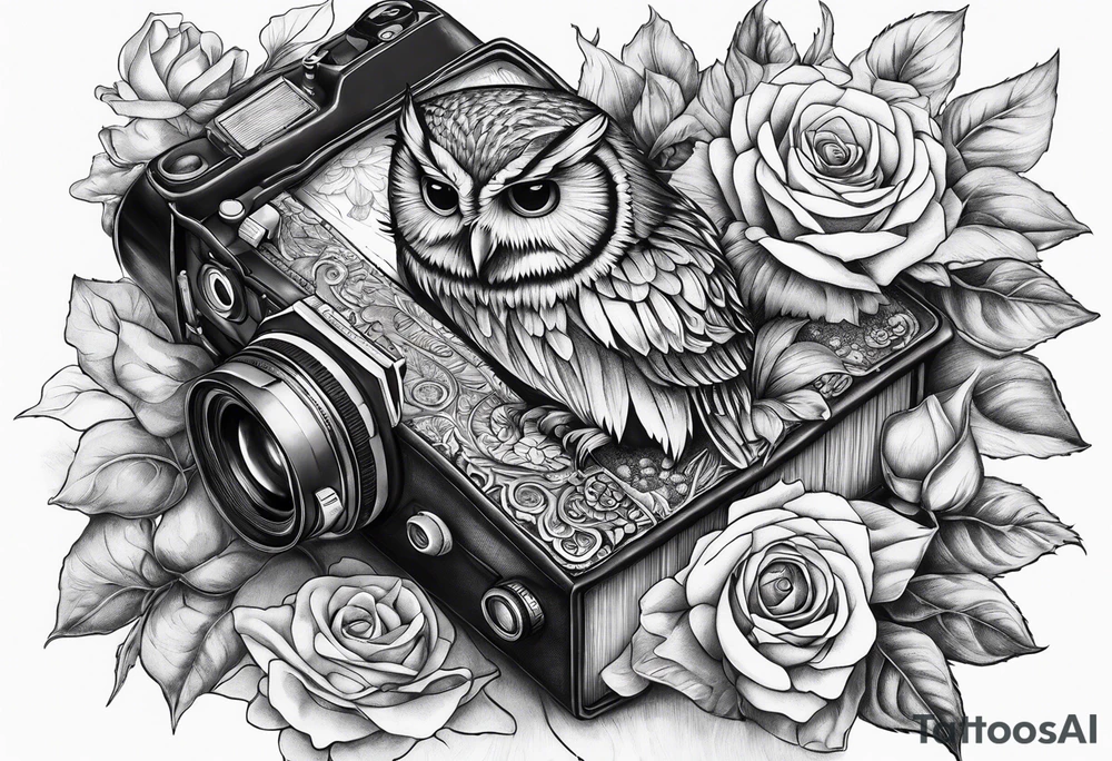 Sunflower, camera, book, owl, flower rose tattoo idea