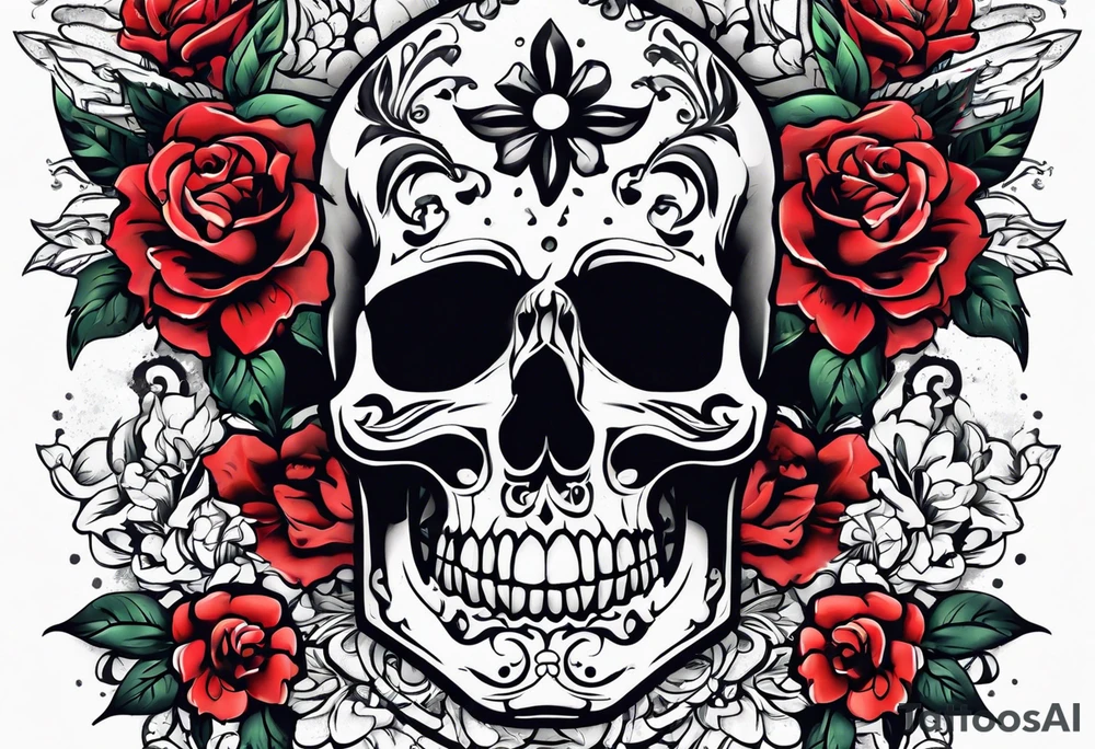 neck tattoo stencil of skull and flowers about pain and struggle in new school or polka trash style tattoo idea