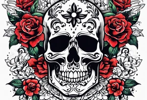 neck tattoo stencil of skull and flowers about pain and struggle in new school or polka trash style tattoo idea