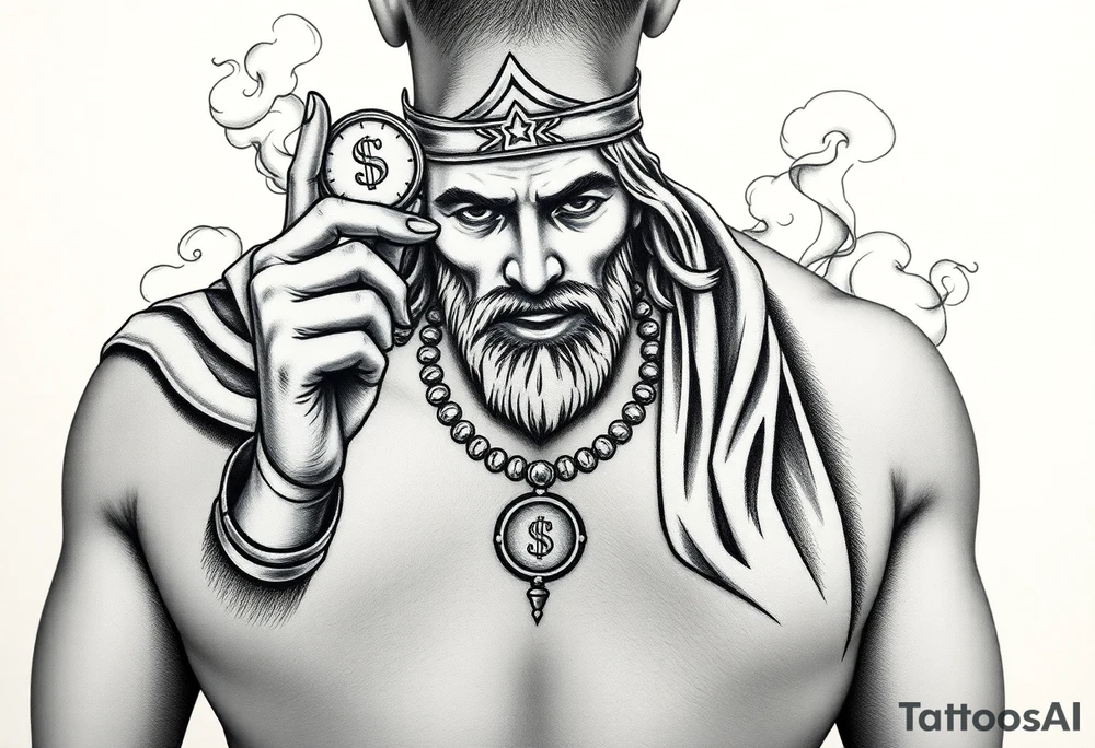 Saint Judas Mexican with his coin in hand and fingers in the air with smoke in the back ground… tattoo idea
