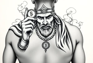 Saint Judas Mexican with his coin in hand and fingers in the air with smoke in the back ground… tattoo idea