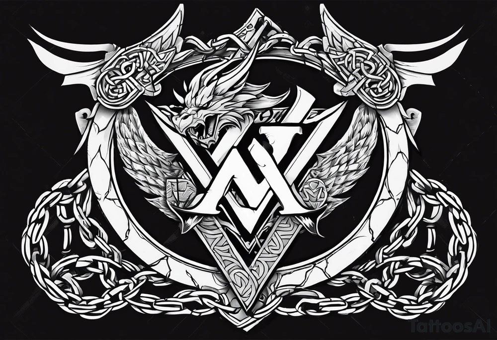 Valhalla sword shield dragon axe Valknut barbed wire chains tattoo idea Valhalla sword shield dragon axe Valknut barbed wire chains tattoo idea