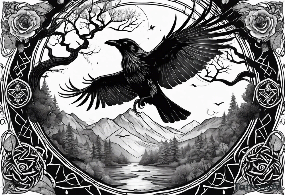 world tree with a cat and a raven and knotwork arm tattoo tattoo idea