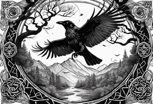 world tree with a cat and a raven and knotwork arm tattoo tattoo idea