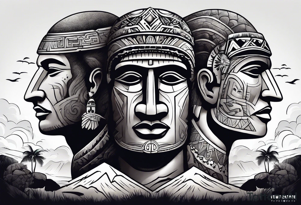 Four Easter island heads on an island landscape with hawks circling above tattoo idea
