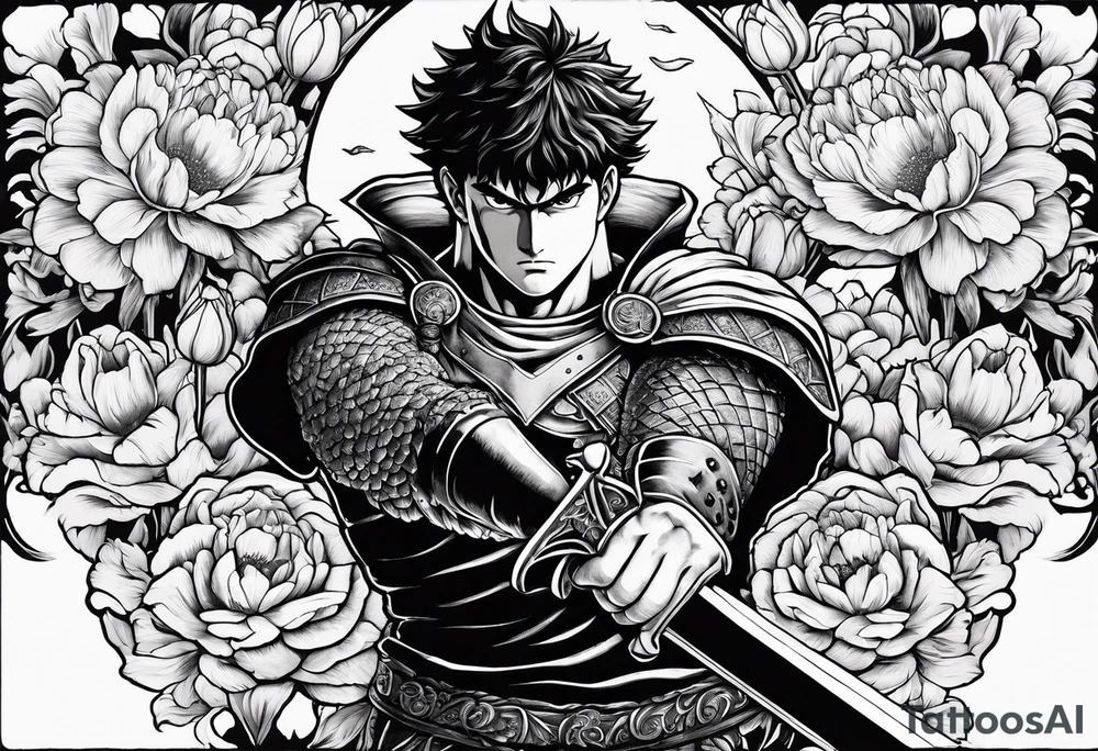 a berserk theme tattoo of guts with his sword on a land of flowers - tulips and peonys tattoo idea