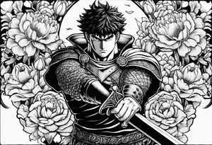 a berserk theme tattoo of guts with his sword on a land of flowers - tulips and peonys tattoo idea