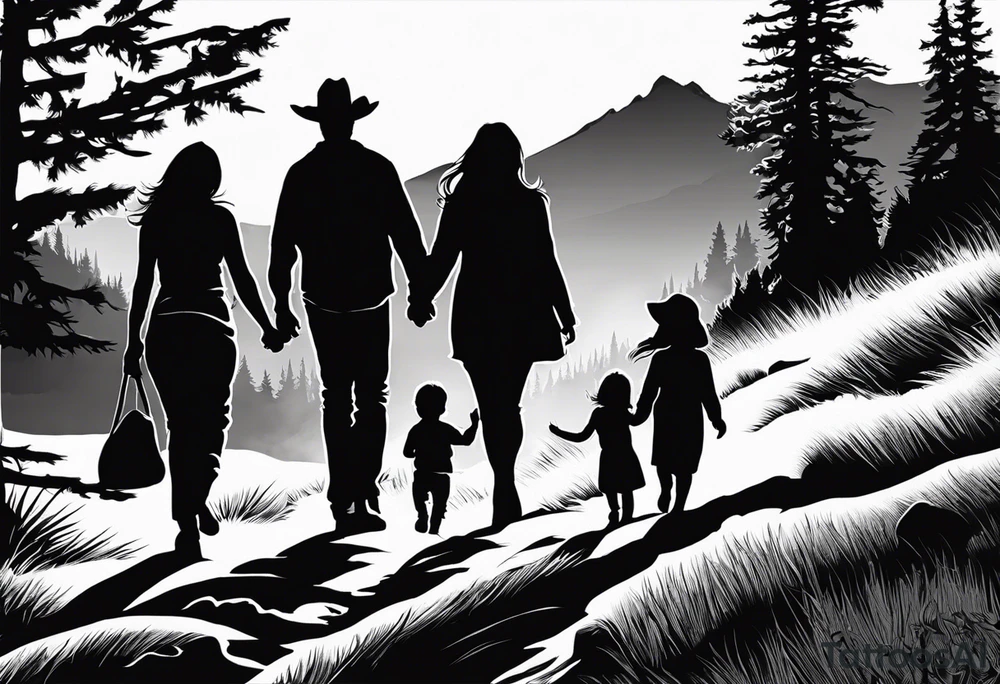 A shadow of a family of four walking through the Pacific northwest landscape. Father, Wife, Son, daughter.
 Faith centered and add Mexican tribal  border with importance of faith.
Add crosses and God around the boarder tattoo idea