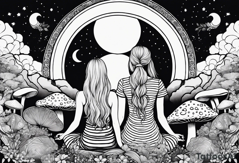 Straight blonde hair girl meditating facing away toward mountains surrounded by mushrooms crescent moon mandala circular design black and white striped dress tattoo idea
