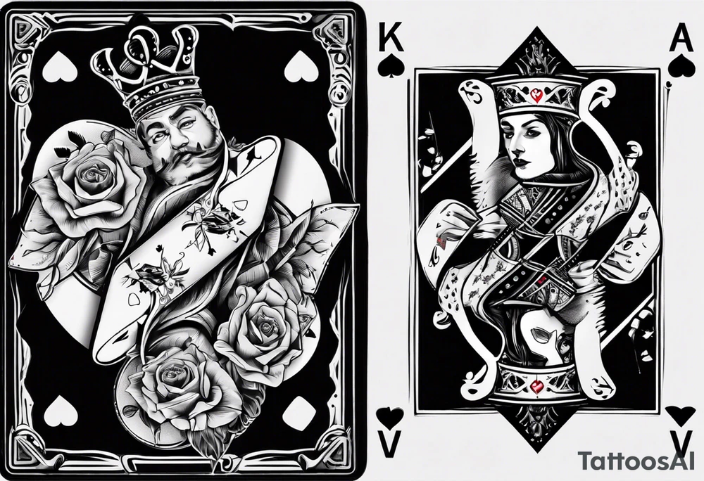 King of heart playing card with the queen of heart playing card around his arm tattoo idea