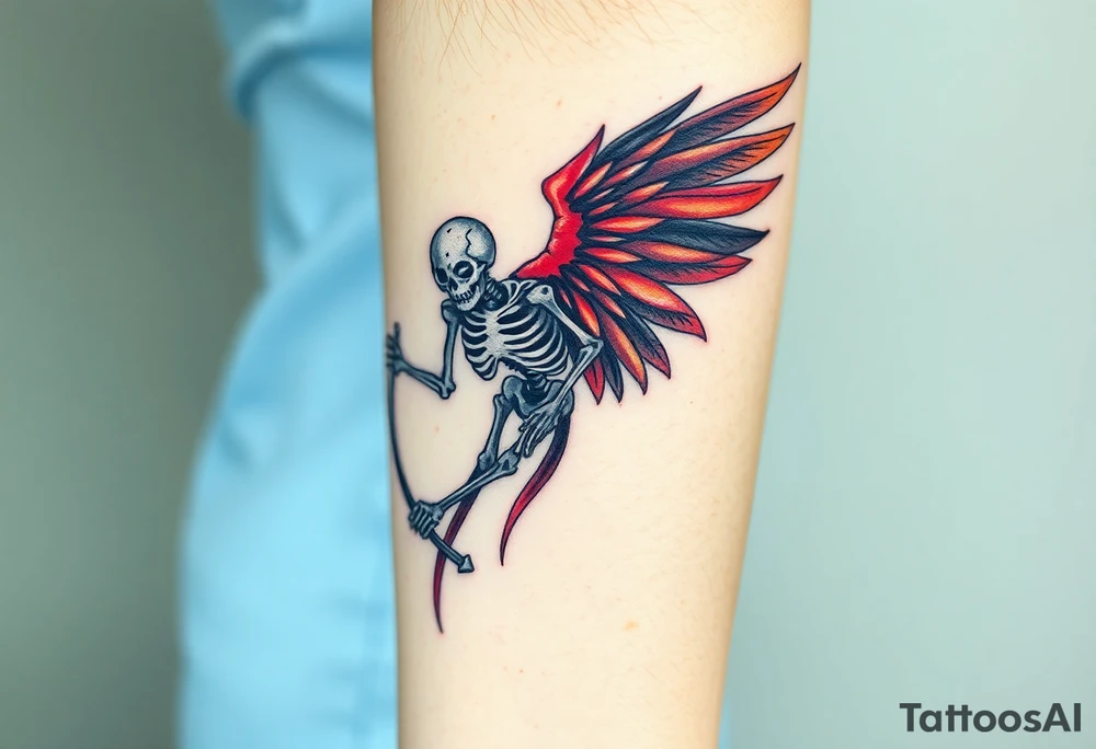 A winged skeleton clutching a scythe, its wings composed of intertwined black and blood-red feathers with highlights of dark orange at the edges. tattoo idea