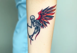 A winged skeleton clutching a scythe, its wings composed of intertwined black and blood-red feathers with highlights of dark orange at the edges. tattoo idea