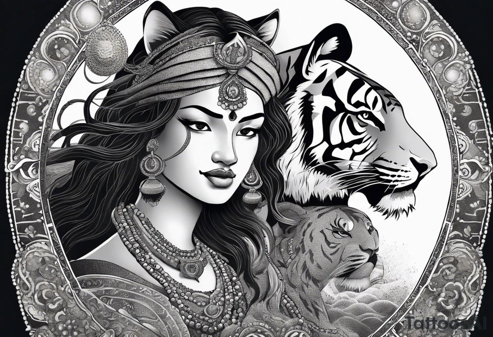 durga goddess, riding a tiger, kali, pirate, pachamama, tattoo idea