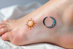 A golden sun and silver moon on each partner’s ankle represent balance and eternal connection. tattoo idea