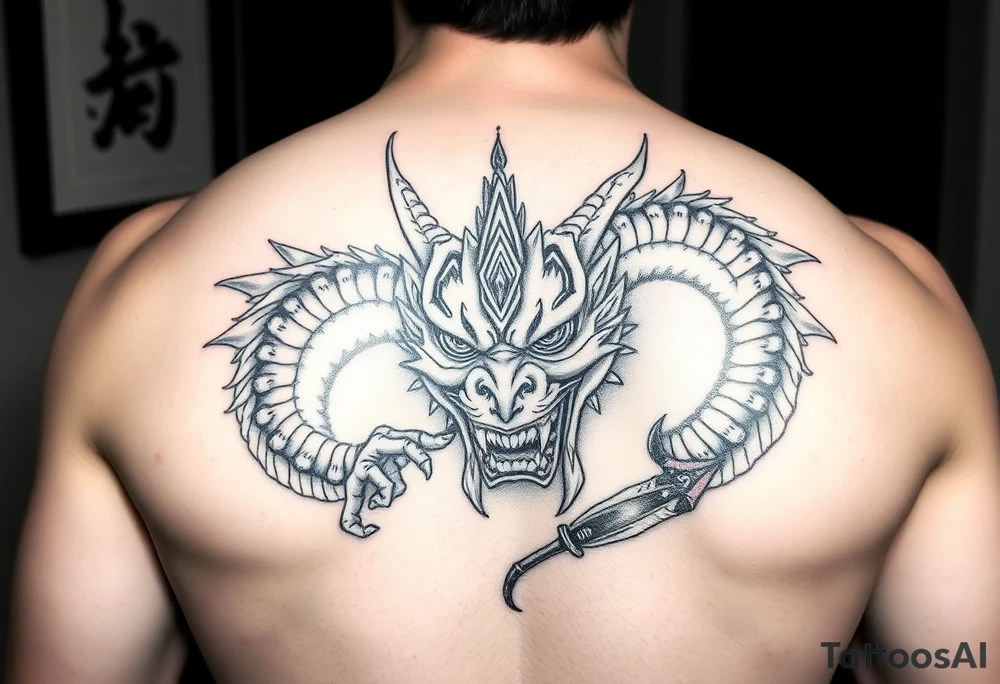 Divine dragon destroying a evil oni mask tattoo idea