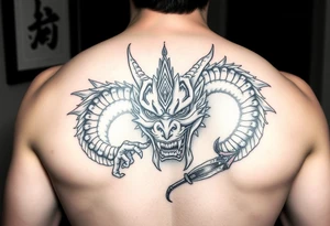 Divine dragon destroying a evil oni mask tattoo idea