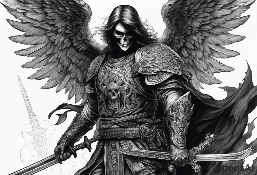 realistic angel of death, man, full body, no face visible, holding one sword in both hands, sword pointing downwards, skulls lying on the ground tattoo idea