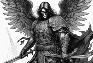 realistic angel of death, man, full body, no face visible, holding one sword in both hands, sword pointing downwards, skulls lying on the ground tattoo idea