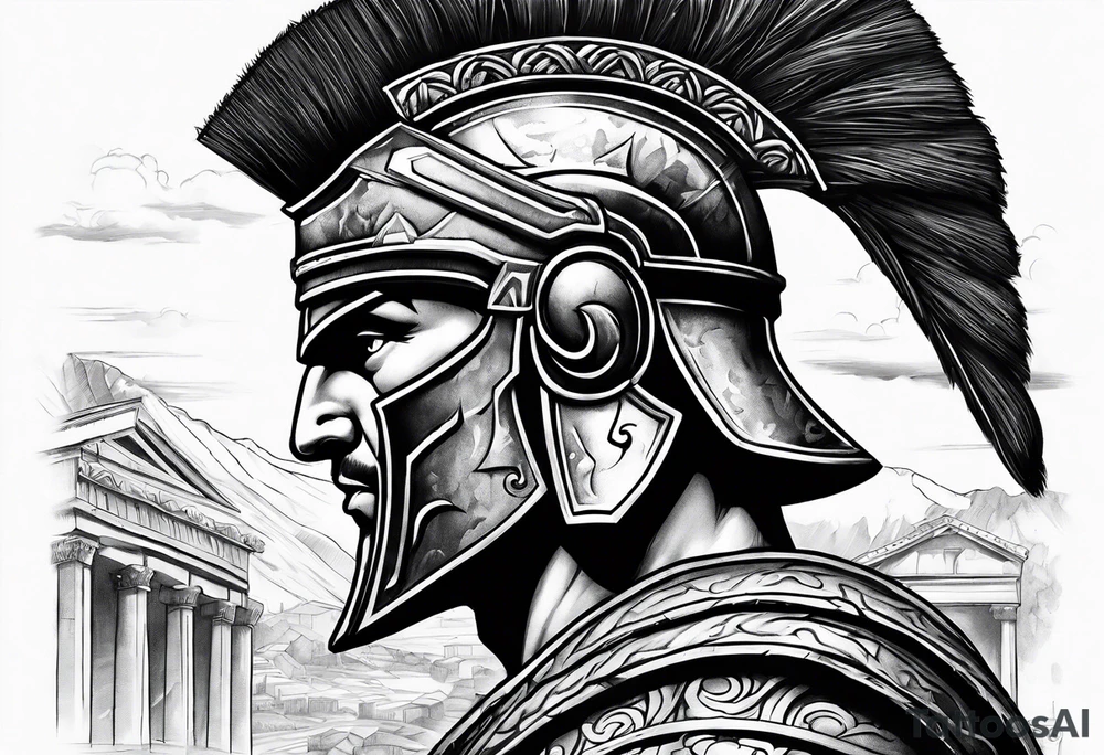 Side profile Spartan Solider ancient roman city in background tattoo idea Side profile Spartan Solider ancient roman city in background tattoo idea