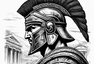 Side profile Spartan Solider ancient roman city in background tattoo idea