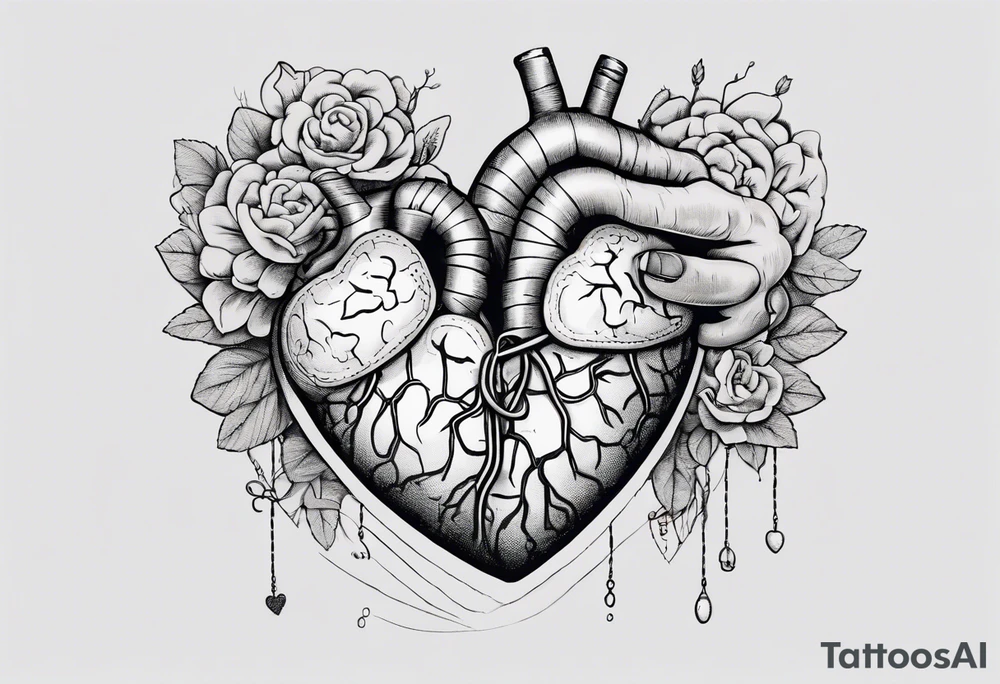Heart and brain in line art, held down by a woman's hand holding them by string tattoo idea