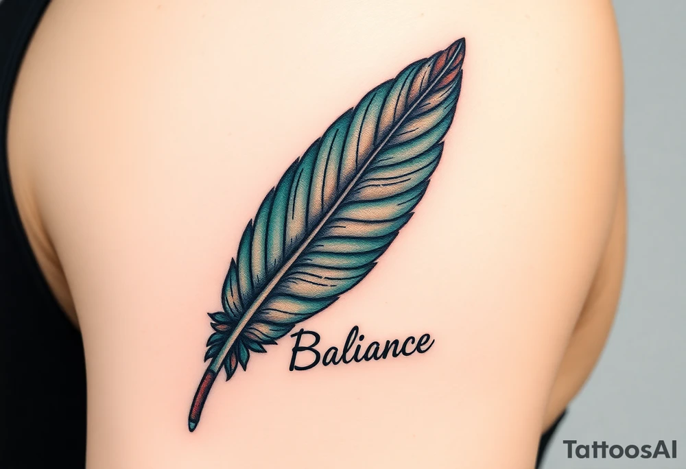 A deep forest green and brown feather, detailed with intricate natural veins, with the word "Balance", symbolizing harmony between two souls tattoo idea