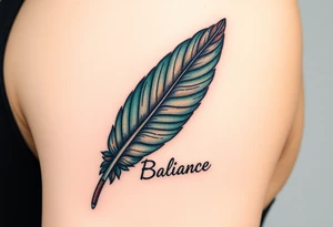 A deep forest green and brown feather, detailed with intricate natural veins, with the word "Balance", symbolizing harmony between two souls tattoo idea