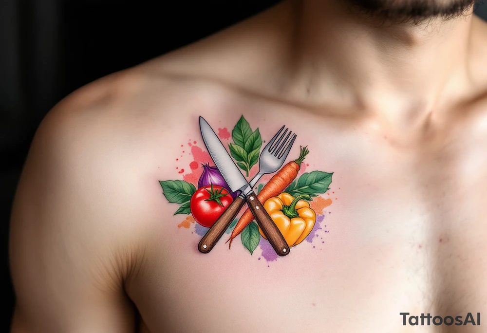 A realistic kitchen tattoo design showing a stainless steel chef’s knife with a brown wooden handle crossed over a silver fork and spoon, surrounded by fresh vegetables: a bright red tomato, an orange carrot with green leaves, a purple onion, green basil leaves, and a yellow bell pepper — all arranged in a circular layout with soft watercolor splashes in red, green, orange, and violet behind them. tattoo idea