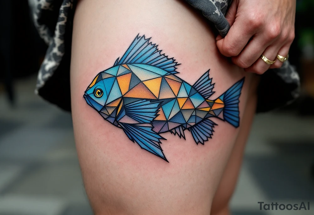 Geometric Catfish – A catfish formed with sharp angular segments in gradient shades of blue, fins segmented with triangle patterns, and a dotwork water base. tattoo idea