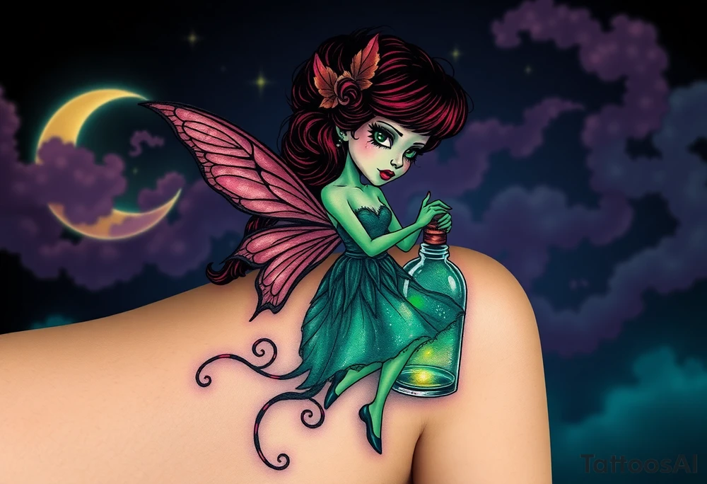 Tim Burton’s kelly doty pin up style Vintage Parisian elegant and hauntingly beautiful yet eerie full body absinthe Green Fairy dances outside her victorian crystal decatur she was once inside this elaborate ornate bottle absinthe bottle Absinthe Art Nouveau   and dripping with muted reds, dusty pinks, and eerie green glow.purple and cyan smokey clouds swirl in the crescent moonlit sky thats sprinkled with stars tattoo idea