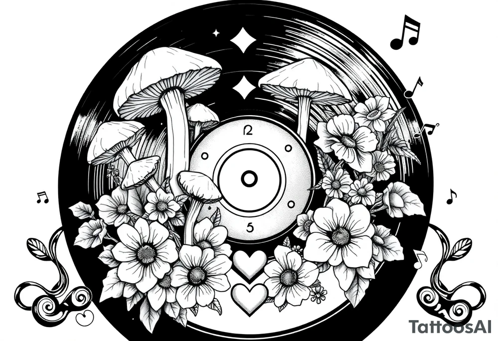 vinyl record with mushrooms, flowers, hearts, and music notes tattoo idea