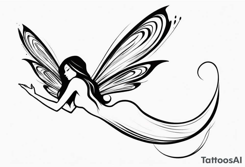 Minimalistic, monochromatic fairy with a tail flying to the left in a fetal position, leaning and looking in the same direction, with visible hands, embodying the 'Fairy Tail' logo aesthetic. tattoo idea