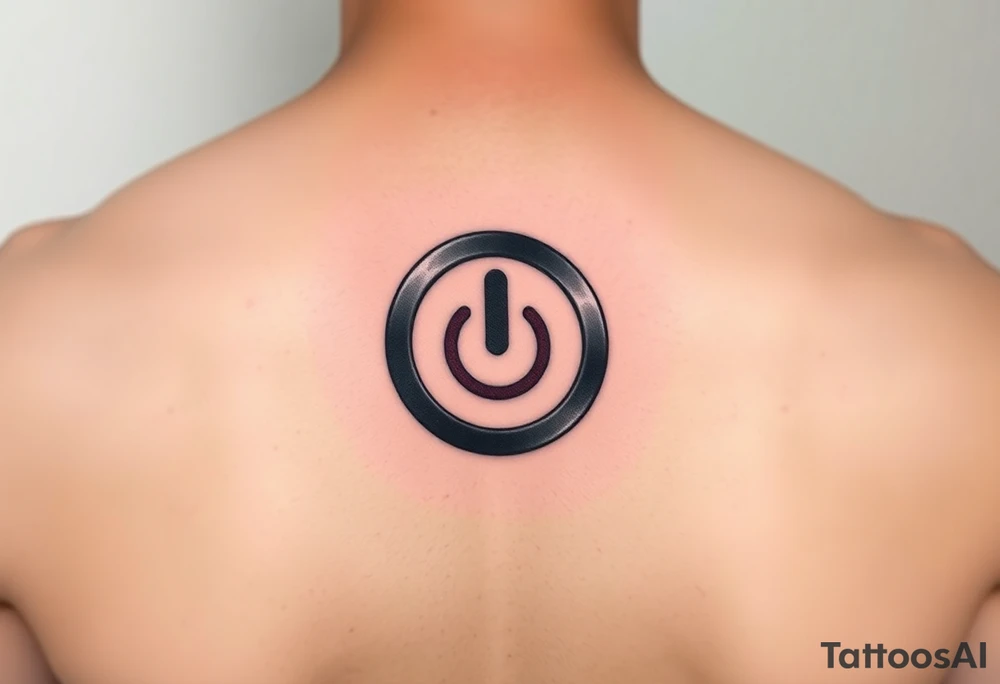 "Hyperrealistic tattoo of a PC power button (1:1 size).  
Label: 'Press to reboot universe'.  
Style: Fake 3D, like actual button on skin. Black/red." tattoo idea