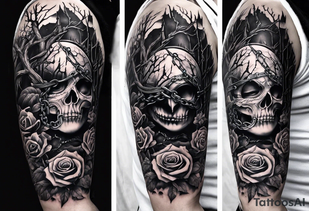 tattoo fool sleeve, dark gothic castle, tree roots break out of the chains, broken mask, roses tattoo idea