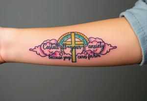 cast all your anxiety on him because he cares for you"  surrounded with clouds and cross big horizontal tattoo idea