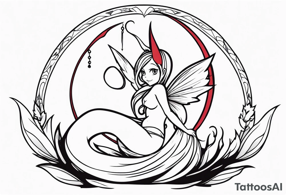 A fairy with a tail inspired by the logo of the show called Fairy Tail in a fetal position leaning in tattoo idea
