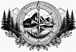 compass with mountains, trees, tavel inspired tattoo idea