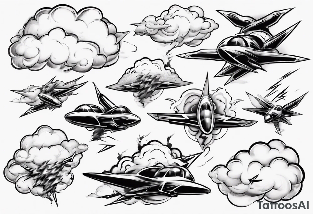 jet fly through big clouds and thunder tattoo idea