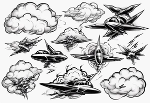 jet fly through big clouds and thunder tattoo idea