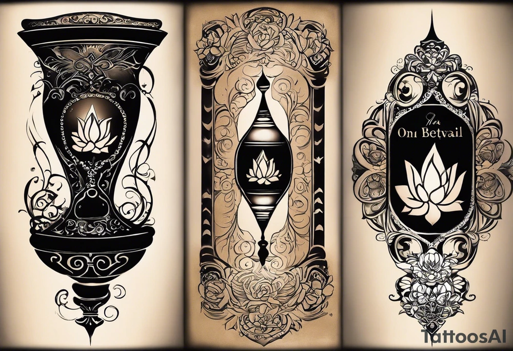 Tattoo Design on forearm Instructions:

Central Hourglass: Place in the middle; dark sand at the top, light sand flowing down.
Lotus Flower: Grow from the base of the hourglass, symbolizing growth from hardship.
Family Scene: On one side, depict two boys holding hands, looking up at a larger protective mother figure.
Betrayal Symbolism: Add a broken chain near the hourglass's bottom; a rising phoenix beside it.
Pathway of Growth: A path with stepping stones leading upwards; include a koi fish, crane, and yin-yang symbols.
Asian Elements: Scatter cherry blossoms, waves, and wind patterns; add Kanji for key values like "loyalty" and "strength."
Color and Style: Use black and grey with hints of pink, white, and orange.
Placement: Best as a sleeve or back piece for full detail and flow. tattoo idea