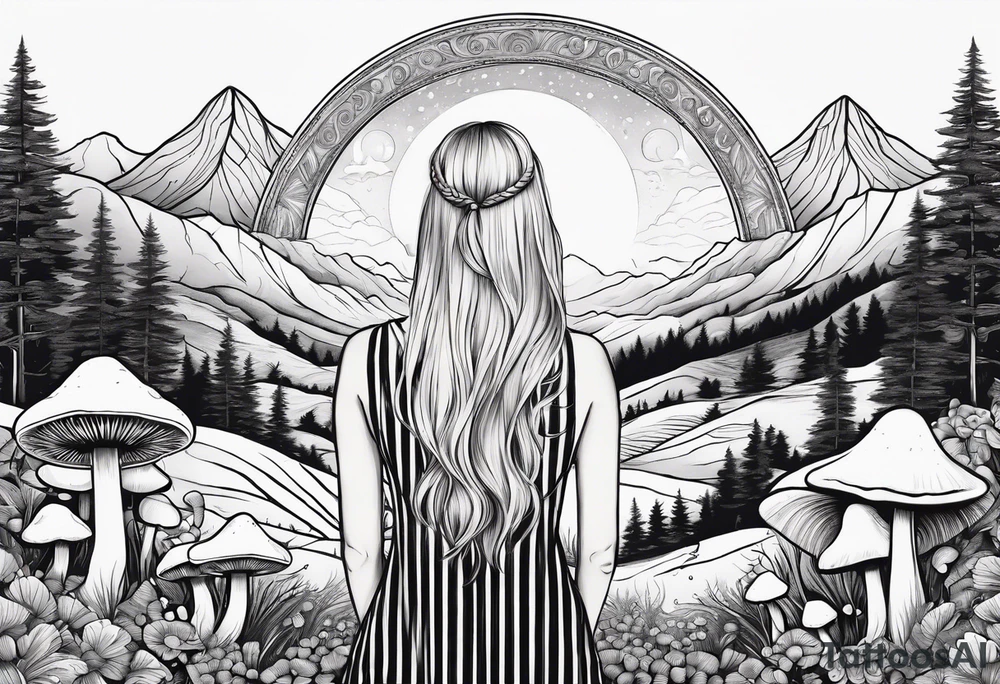 Straight blonde hair girl facing away toward mountains surrounded by mushrooms crescent moon circular design black and white striped dress tattoo idea