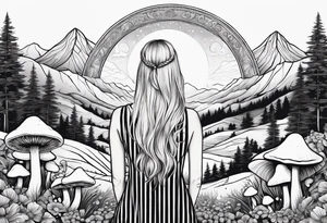 Straight blonde hair girl facing away toward mountains surrounded by mushrooms crescent moon circular design black and white striped dress tattoo idea
