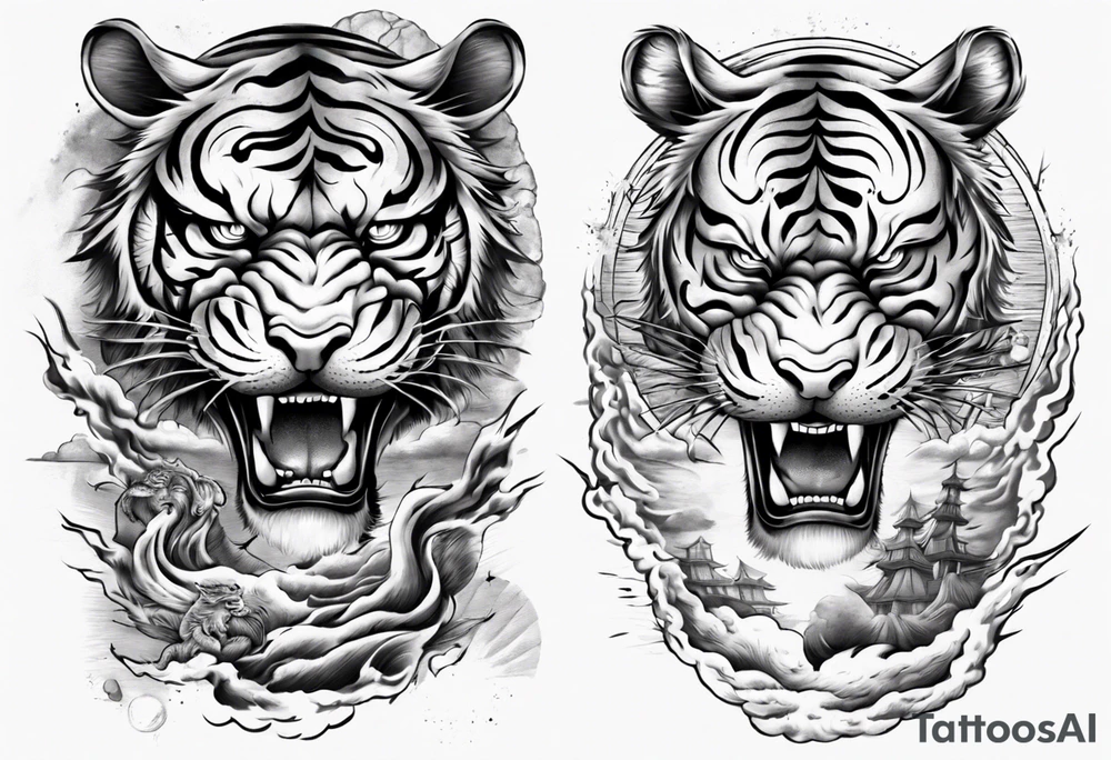 tiger warrior with lightning and the sun for a forearm sleeve tattoo idea