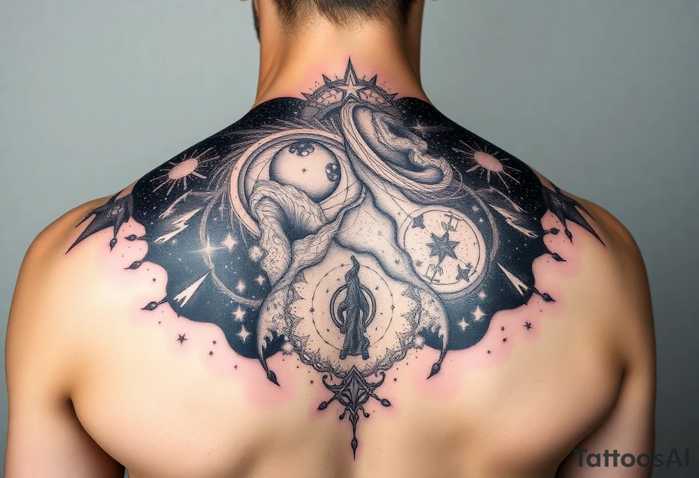 Beautiful and epic 3d milky way that appears to be what is beneath the skin. Make it drape over the shoulder and move to the middle back. use negative spaces to create stars and dust. Incorporate God breathing life into the universe. Keep it symmetrical tattoo idea