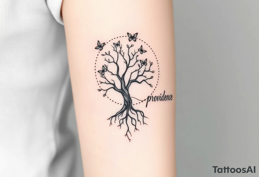 minimalistic tree of life that’s roots come out at bottom and make a dotted circle around the tree and have butterflies coming out of circle on top right and then the word “providence” curved on the outside of circle to the right tattoo idea
