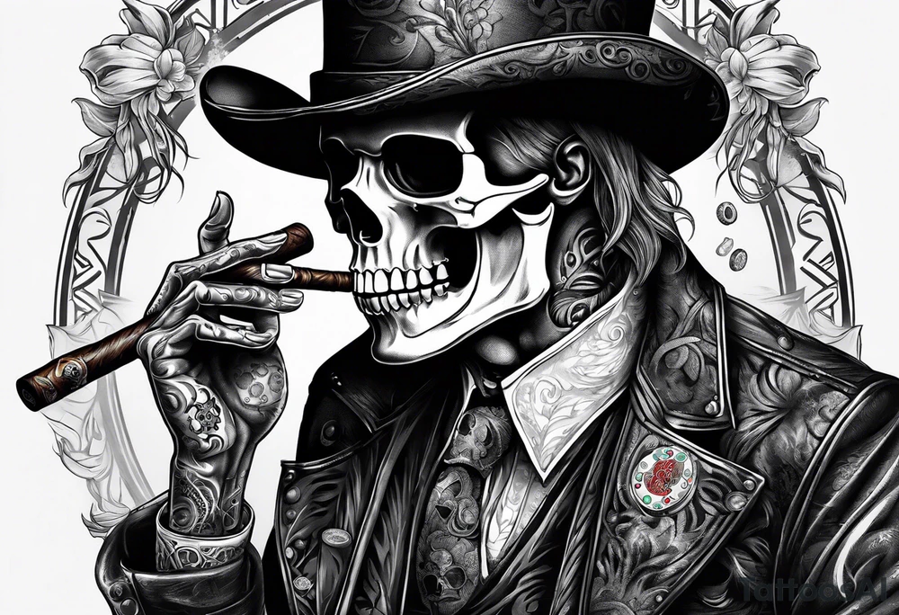 skeleton smoking cigar with poker chips tattoo idea