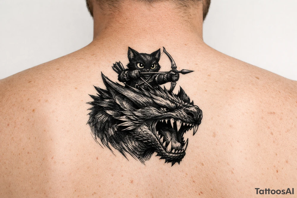 A fantasy illustration of a black Palico feline cat riding on the back of a Nargacuga wyvern dragon. High-fantasy digital art style matching the original game concept art. The camera is a dynamic vertical portrait, showing the dragon's head, snarling open mouth, muscular neck, and upper shoulders. The massive wings are cropped out of the frame entirely to keep the design narrow and vertical. On its back, a cute black cat with realistic cat features and large glowing yellow eyes is aiming a hunter's bow and arrow. Highly detailed but with clean, crisp lines, rich deep black and midnight blue shading, solid white background. No woodcut texture, no flat cartoon sticker style. tattoo idea